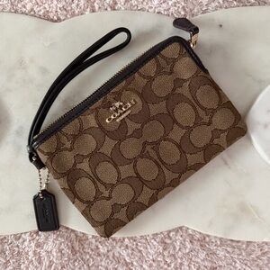 Coach Brown Signature Canvas Wristlet with Dark Trim